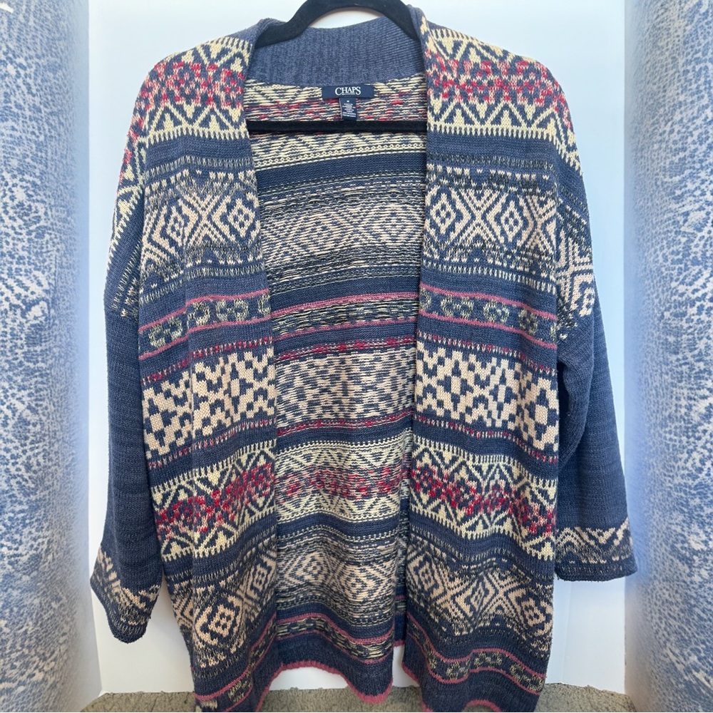 Chaps Women's Geometric Knit Cardigan - Navy, Beige, and Burgundy